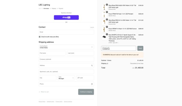 LBC Lighting checkout page showing LBC Lighting promo code box | Screenshot taken by SimplyCodes community member on Jun 21, 2025