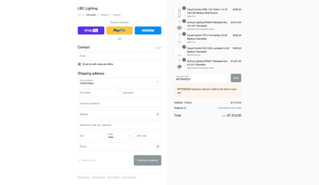 LBC Lighting checkout page showing LBC Lighting promo code box | Screenshot taken by SimplyCodes community member on Jul 18, 2025