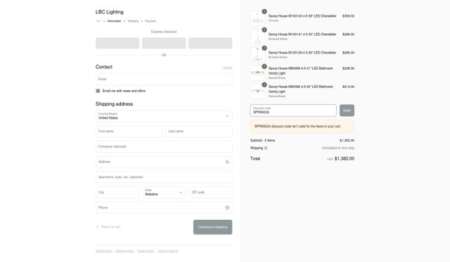 LBC Lighting checkout page showing LBC Lighting promo code box | Screenshot taken by SimplyCodes community member on May 4, 2025