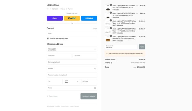LBC Lighting checkout page showing LBC Lighting promo code box | Screenshot taken by SimplyCodes community member on Aug 29, 2025
