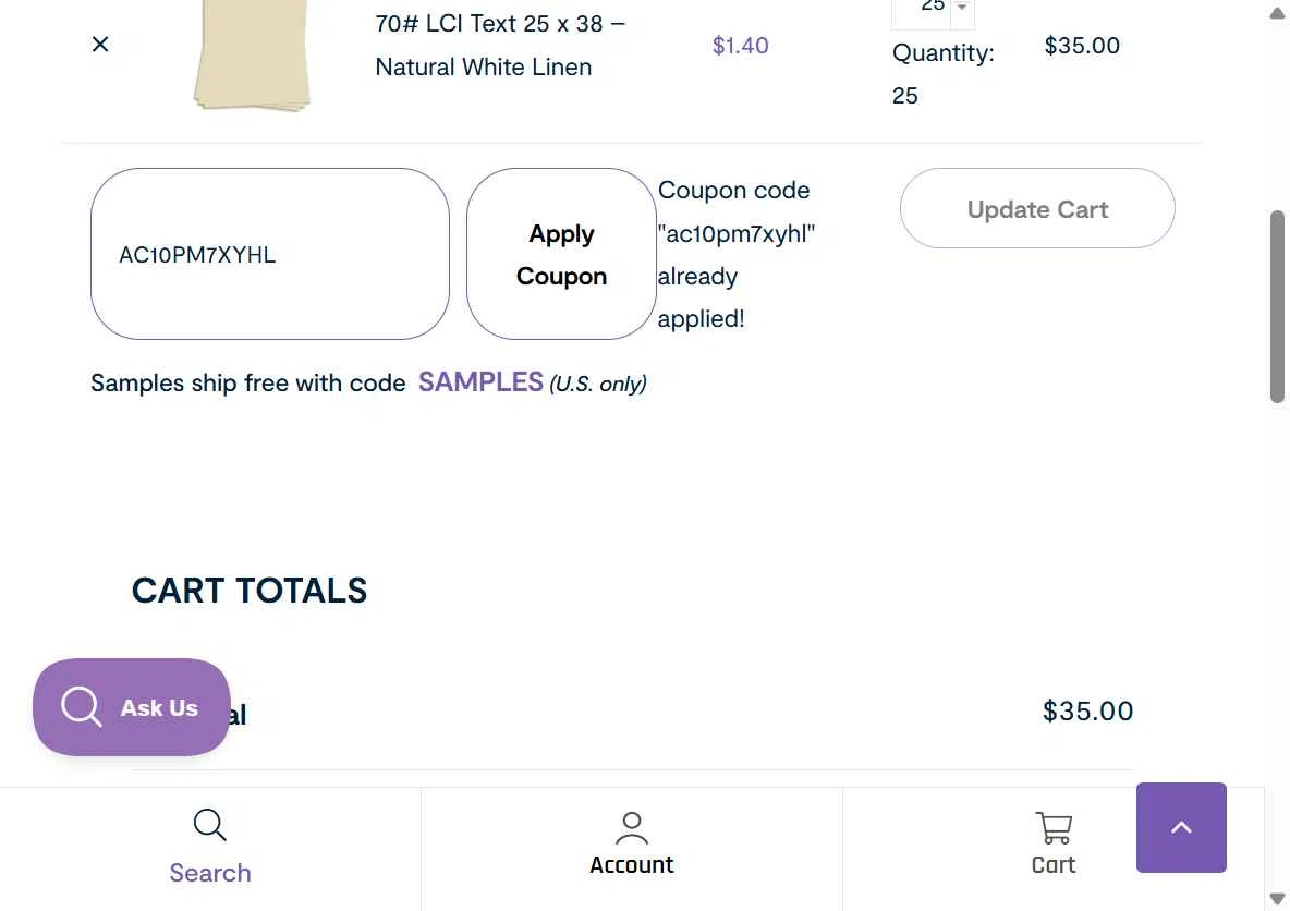 LCI Paper checkout page showing LCI Paper promo code box | Screenshot taken by SimplyCodes community member on Jan 27, 2026