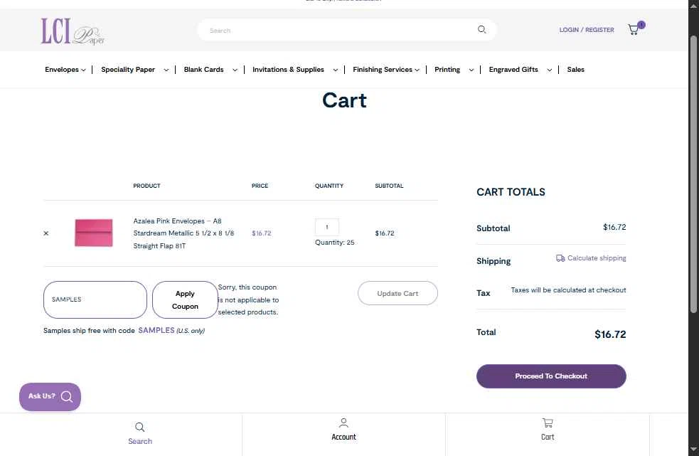 LCI Paper checkout page showing LCI Paper promo code box | Screenshot taken by SimplyCodes community member on Oct 8, 2025