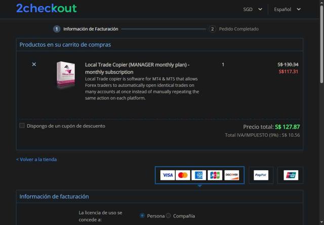 Local Trade Copier checkout page showing Local Trade Copier promo code box | Screenshot taken by SimplyCodes community member on May 9, 2025