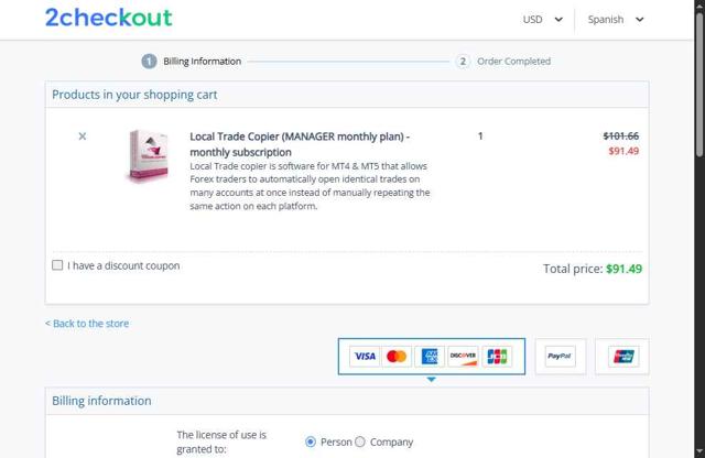 Local Trade Copier checkout page showing Local Trade Copier promo code box | Screenshot taken by SimplyCodes community member on Jun 7, 2025