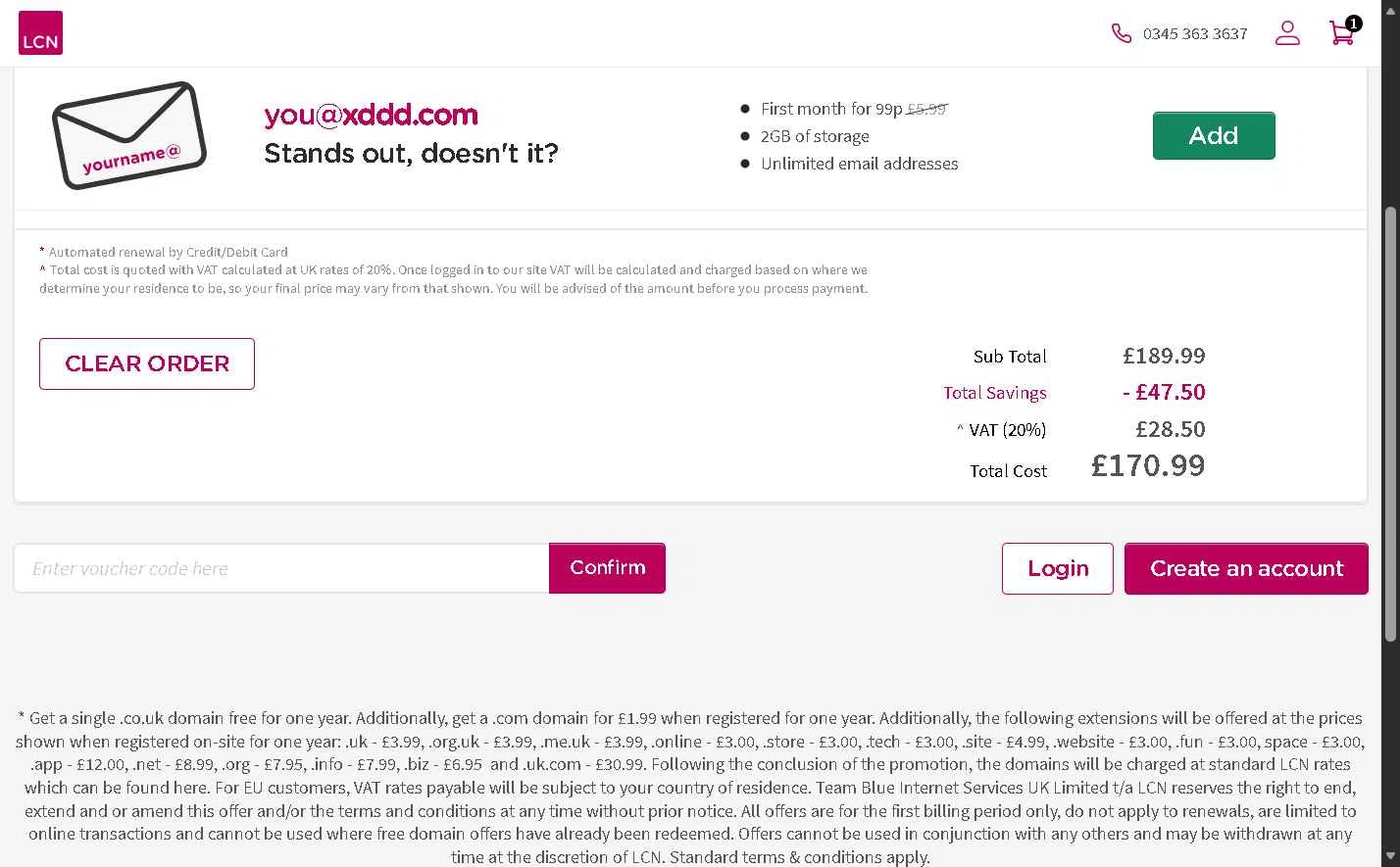 LCN.com checkout page showing LCN.com promo code box | Screenshot taken by SimplyCodes community member on Jan 22, 2026