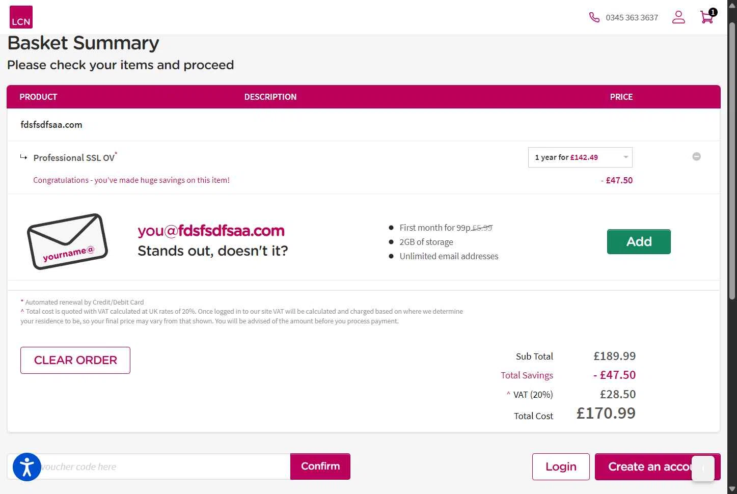 LCN.com checkout page showing LCN.com promo code box | Screenshot taken by SimplyCodes community member on Feb 2, 2026