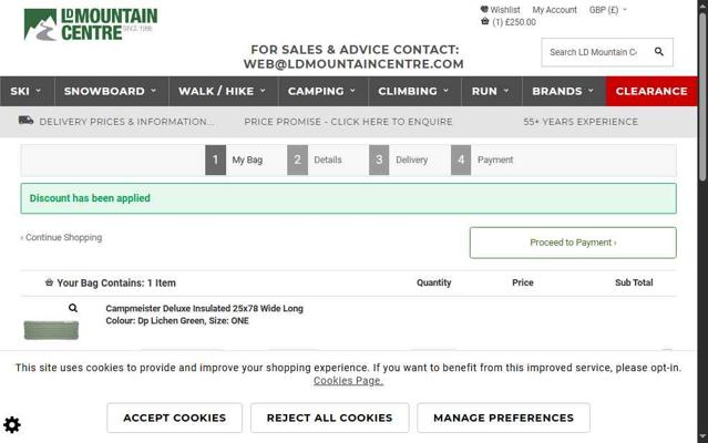 LD Mountain Centre checkout page showing LD Mountain Centre discount code box | Screenshot taken by SimplyCodes community member on Aug 25, 2025