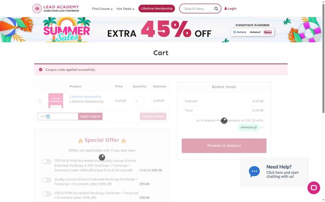 Lead Academy checkout page showing Lead Academy coupon code box | Screenshot taken by SimplyCodes community member on Aug 21, 2025