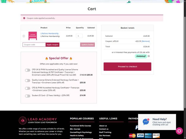 Lead Academy checkout page showing Lead Academy coupon code box | Screenshot taken by SimplyCodes community member on Sep 2, 2025