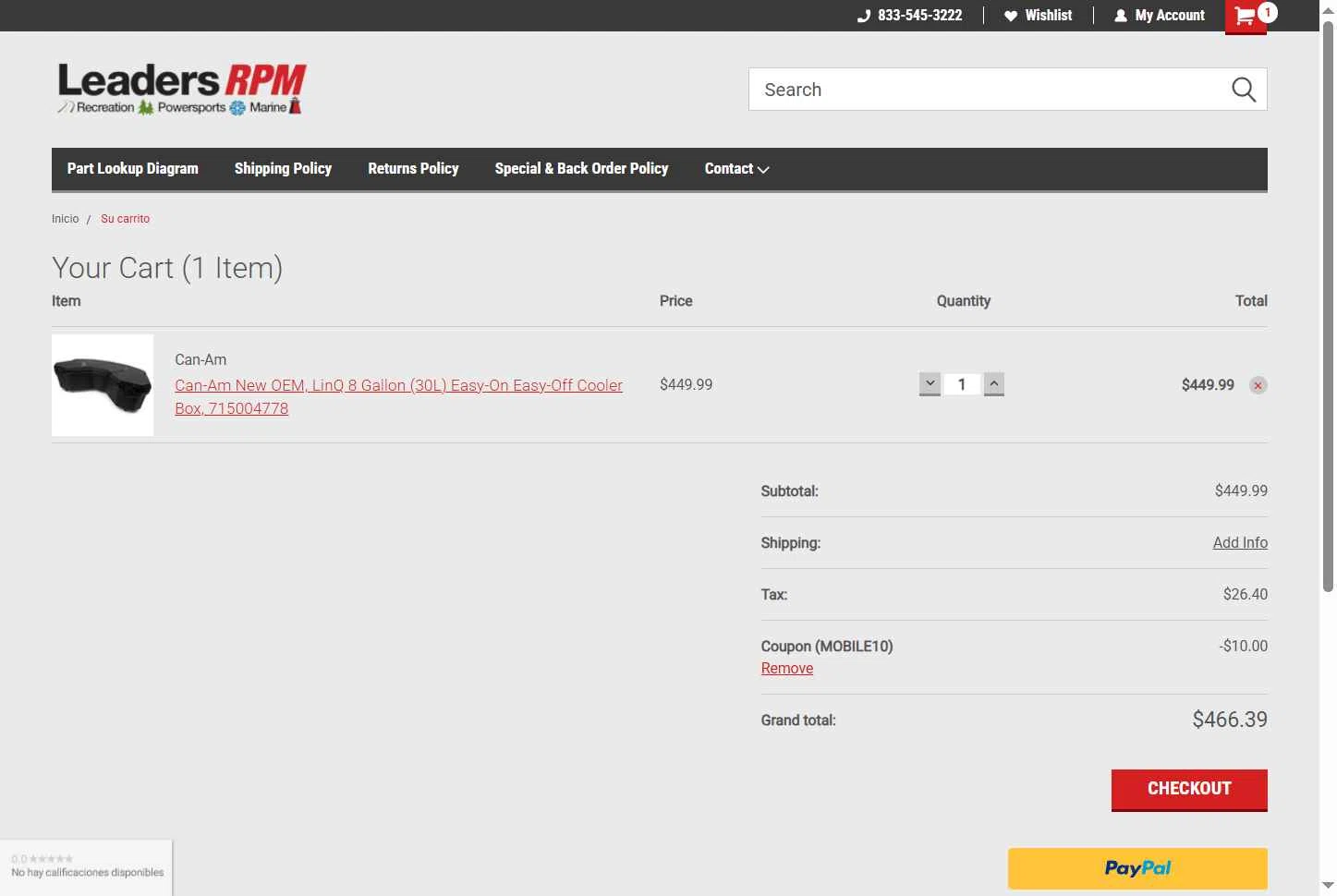 Leaders RPM checkout page showing Leaders RPM coupon code box | Screenshot taken by SimplyCodes community member on May 18, 2025