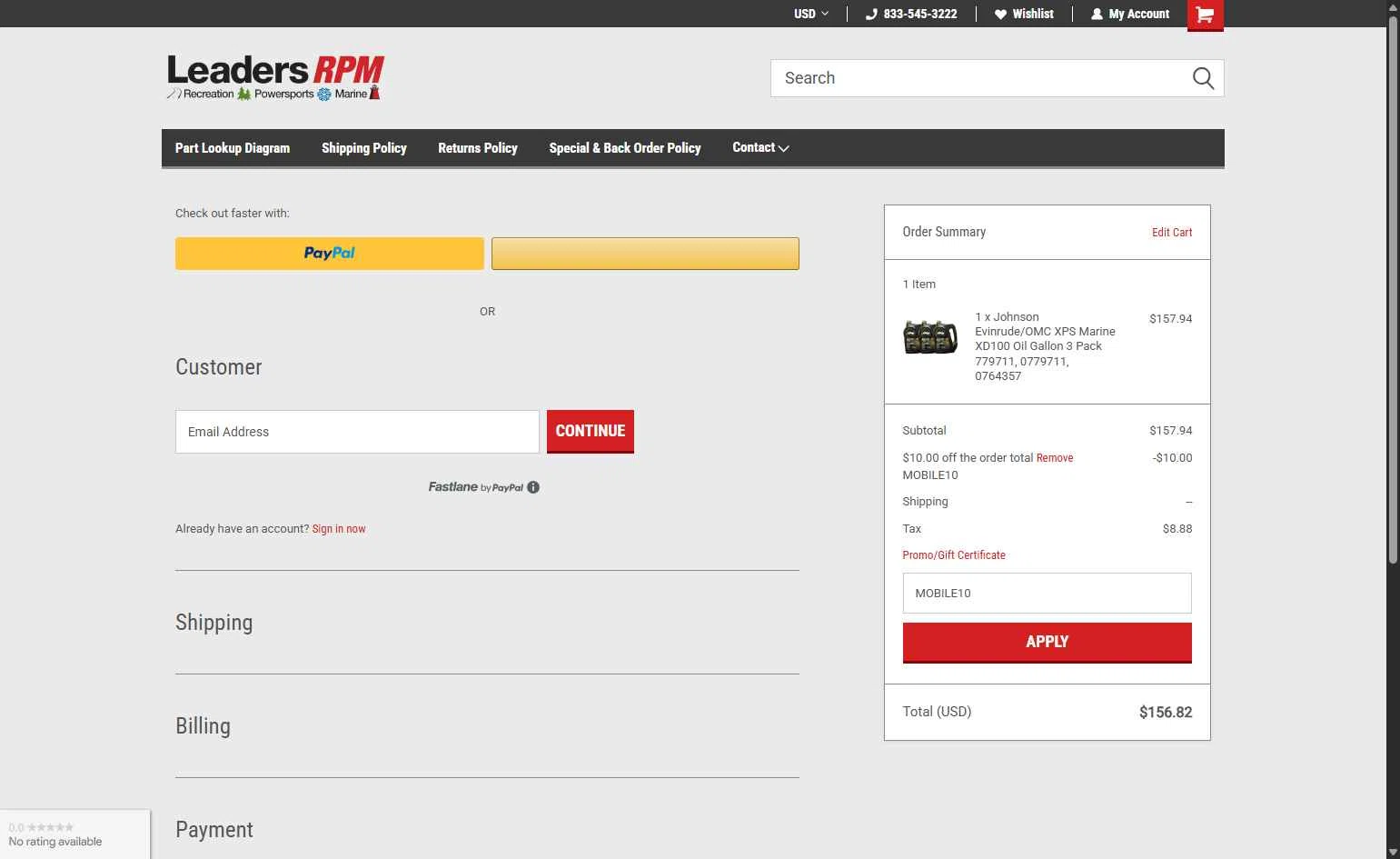 Leaders RPM Shop checkout page showing Leaders RPM Shop promo code box | Screenshot taken by SimplyCodes community member on Jul 15, 2025