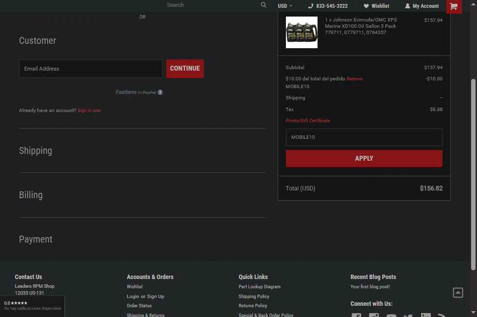 Leaders RPM Shop checkout page showing Leaders RPM Shop promo code box | Screenshot taken by SimplyCodes community member on Jul 15, 2025