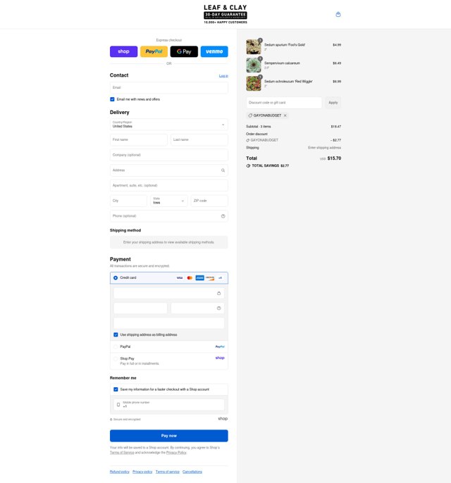 Leaf and Clay checkout page showing Leaf and Clay discount code box | Screenshot taken by SimplyCodes community member on Sep 4, 2025