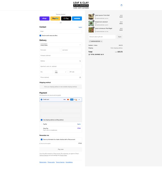 Leaf and Clay checkout page showing Leaf and Clay discount code box | Screenshot taken by SimplyCodes community member on Sep 4, 2025