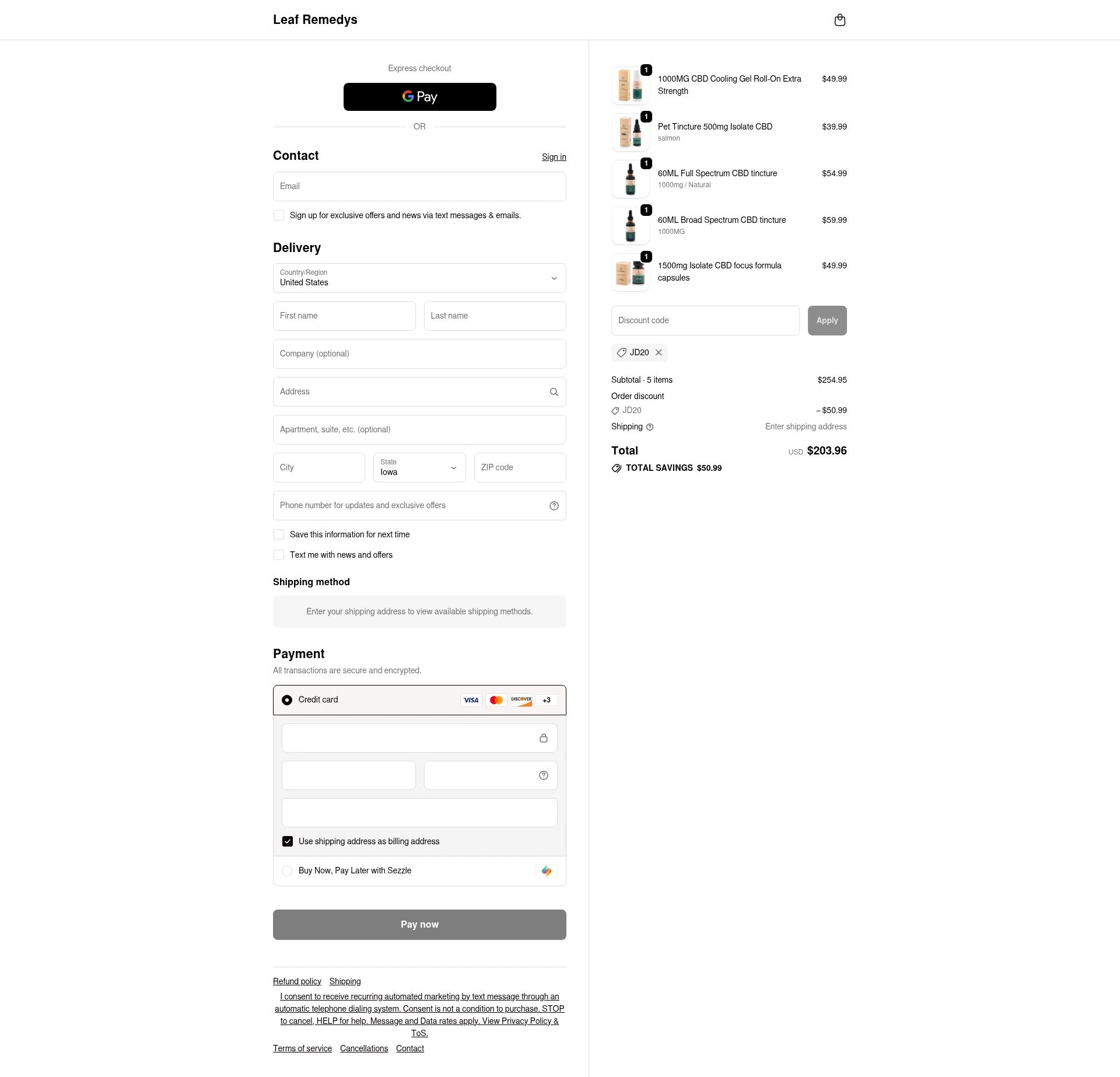 Leaf Remedys checkout page showing Leaf Remedys discount code box | Screenshot taken by SimplyCodes community member on Feb 12, 2026