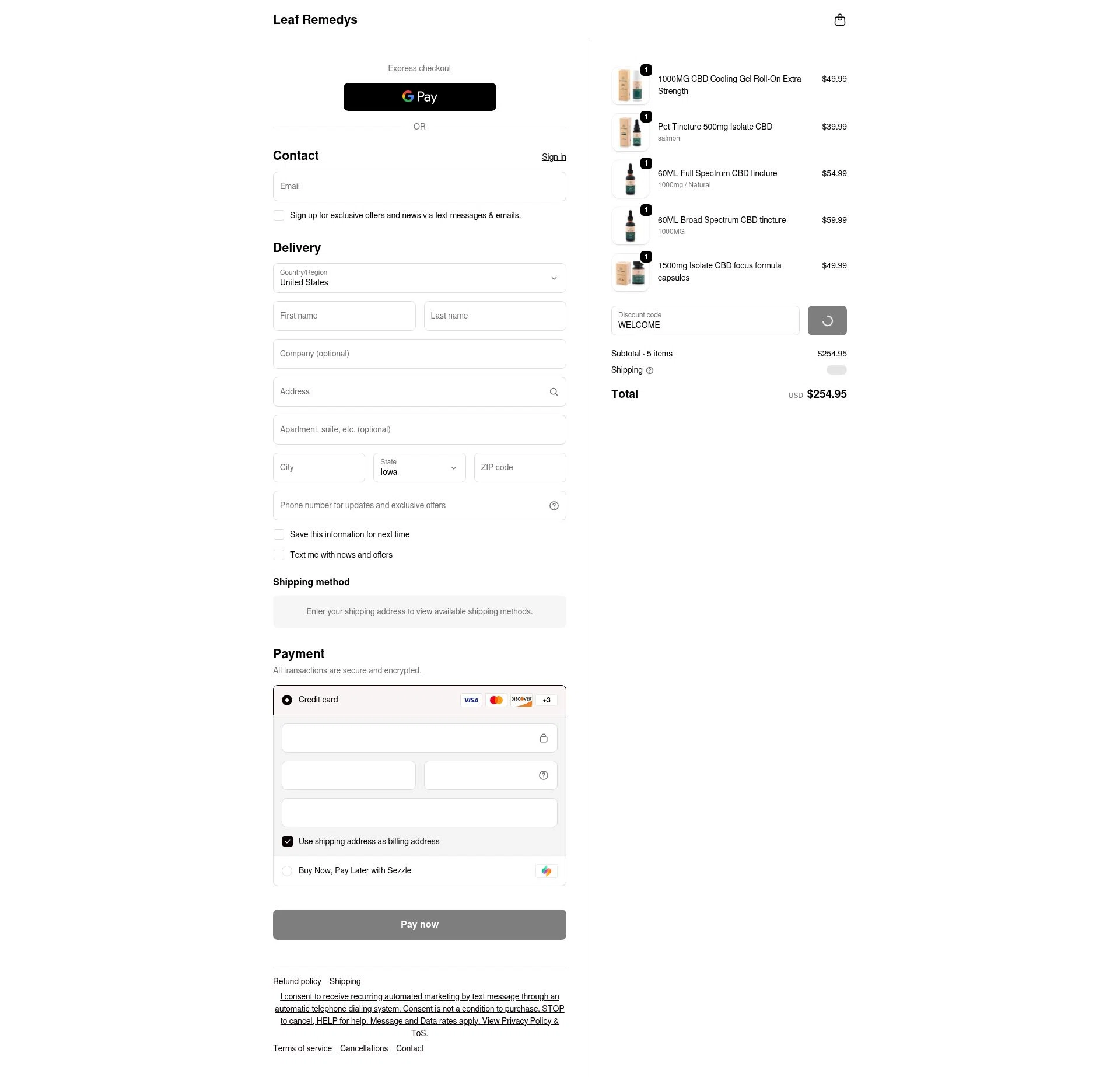 Leaf Remedys checkout page showing Leaf Remedys discount code box | Screenshot taken by SimplyCodes community member on Feb 12, 2026