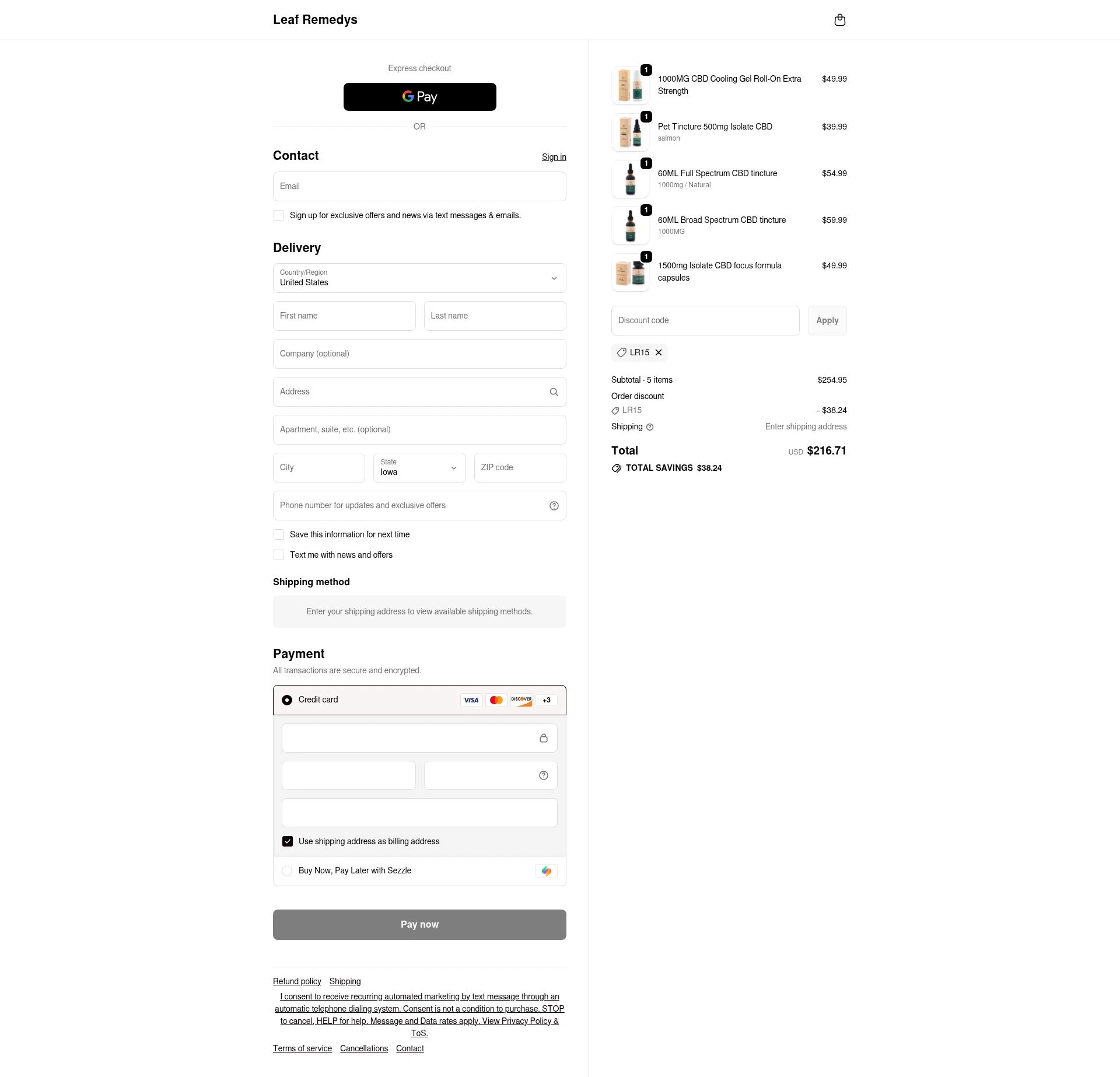 Leaf Remedys checkout page showing Leaf Remedys discount code box | Screenshot taken by SimplyCodes community member on Feb 12, 2026