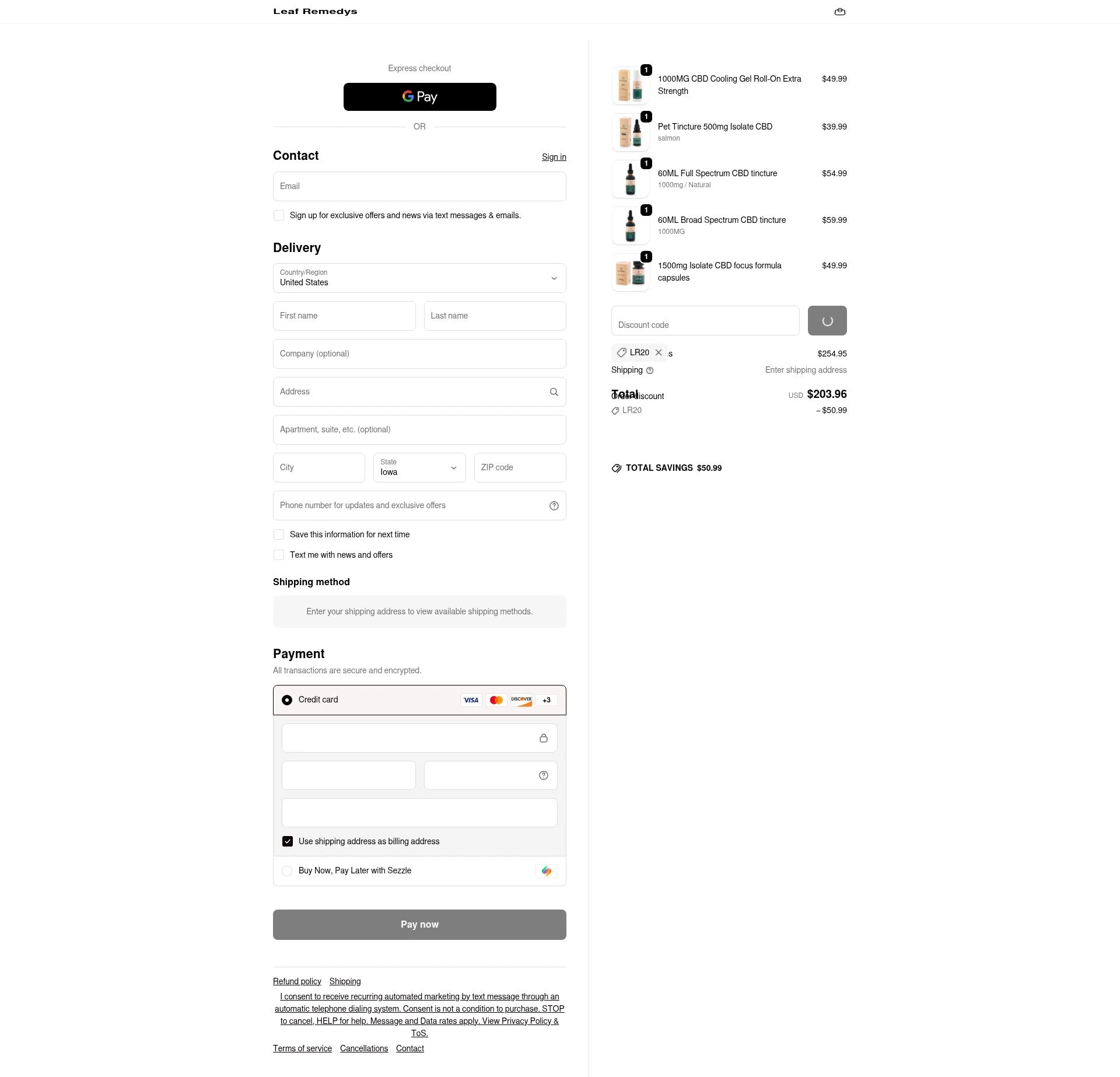 Leaf Remedys checkout page showing Leaf Remedys discount code box | Screenshot taken by SimplyCodes community member on Feb 12, 2026