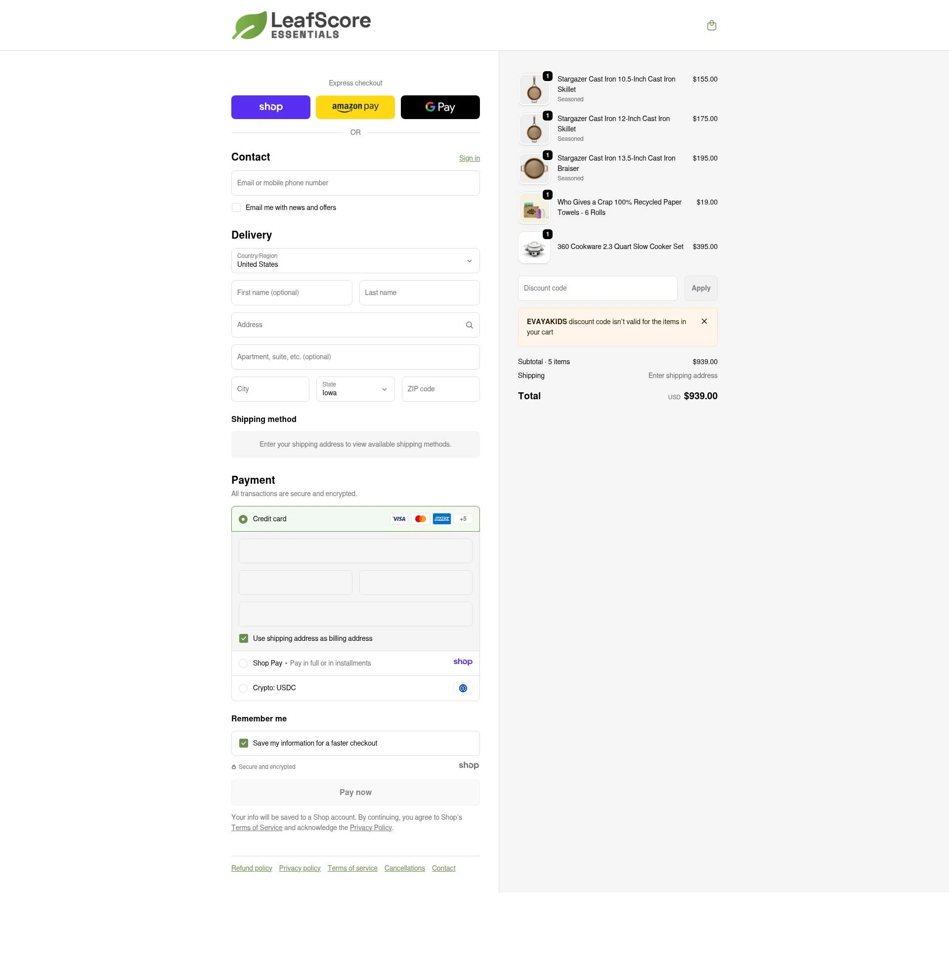 LeafScore checkout page showing LeafScore promo code box | Screenshot taken by SimplyCodes community member on Jan 9, 2026
