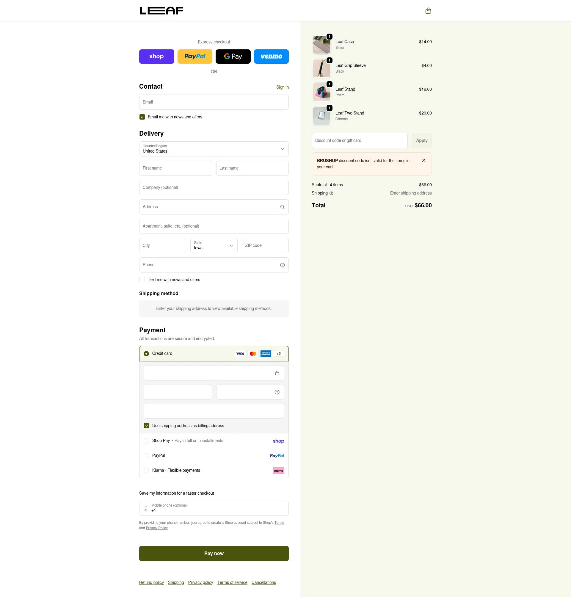 Leaf Shave checkout page showing Leaf Shave discount code box | Screenshot taken by SimplyCodes community member on Feb 15, 2026