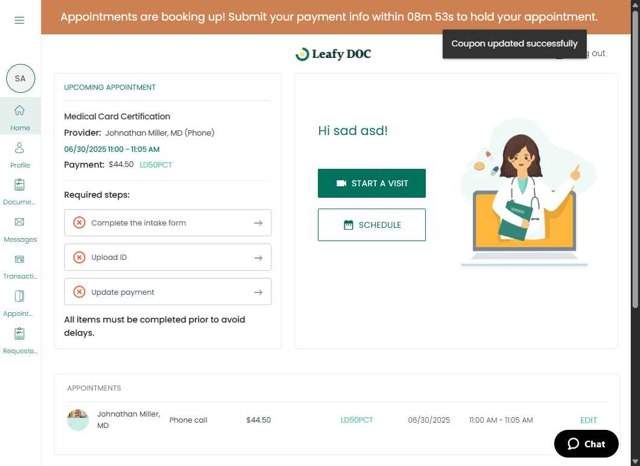 Leafy DOC checkout page showing Leafy DOC coupon code box | Screenshot taken by SimplyCodes community member on Jun 30, 2025