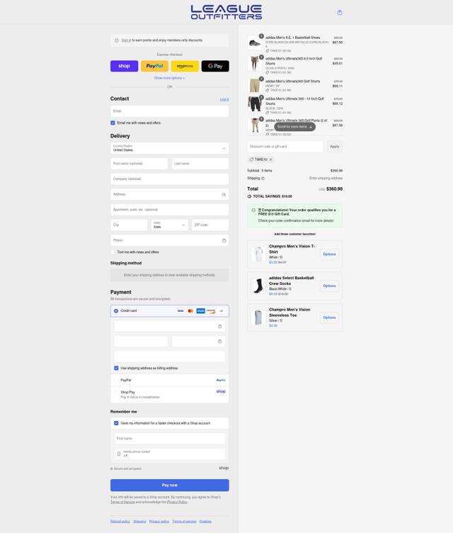 League Outfitters checkout page showing League Outfitters discount code box | Screenshot taken by SimplyCodes community member on Aug 31, 2025