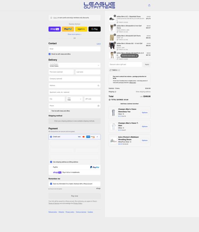 League Outfitters checkout page showing League Outfitters discount code box | Screenshot taken by SimplyCodes community member on Aug 9, 2025