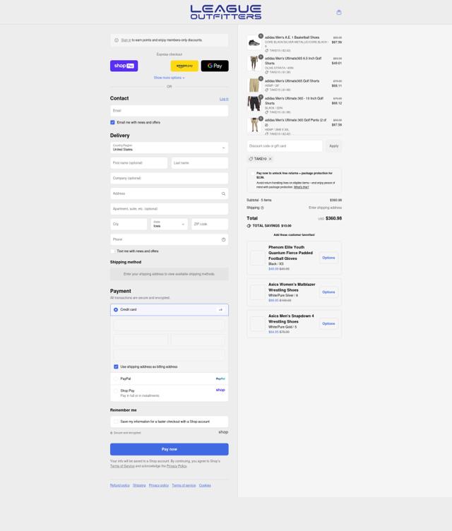 League Outfitters checkout page showing League Outfitters discount code box | Screenshot taken by SimplyCodes community member on Aug 17, 2025