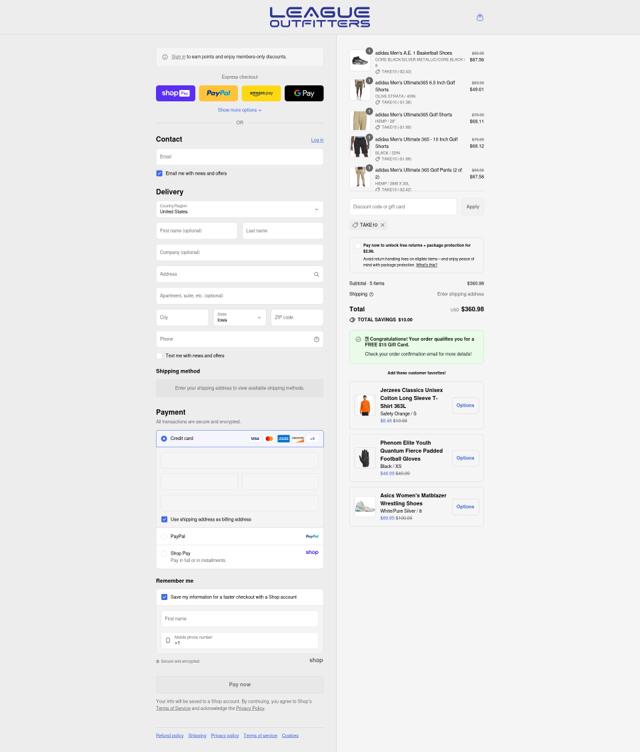 League Outfitters checkout page showing League Outfitters discount code box | Screenshot taken by SimplyCodes community member on Aug 27, 2025