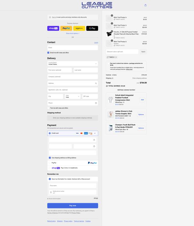 League Outfitters checkout page showing League Outfitters discount code box | Screenshot taken by SimplyCodes community member on Aug 5, 2025