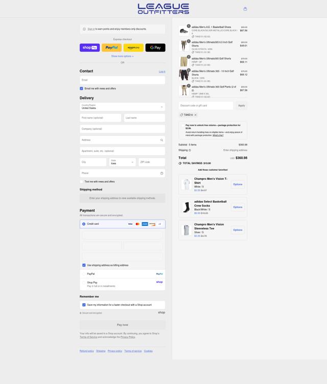 League Outfitters checkout page showing League Outfitters discount code box | Screenshot taken by SimplyCodes community member on Aug 22, 2025