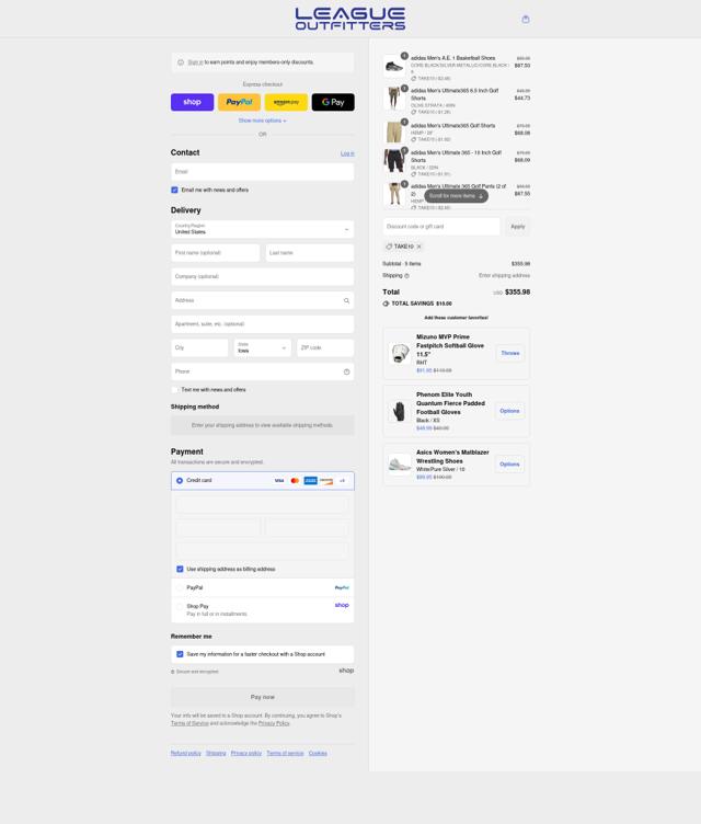 League Outfitters checkout page showing League Outfitters discount code box | Screenshot taken by SimplyCodes community member on Sep 4, 2025