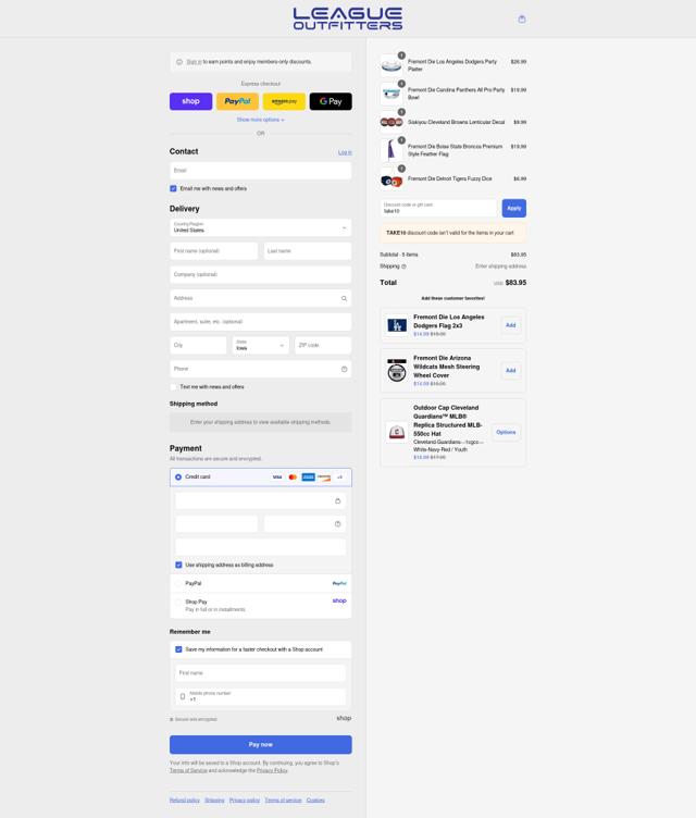 League Outfitters checkout page showing League Outfitters discount code box | Screenshot taken by SimplyCodes community member on Sep 8, 2025