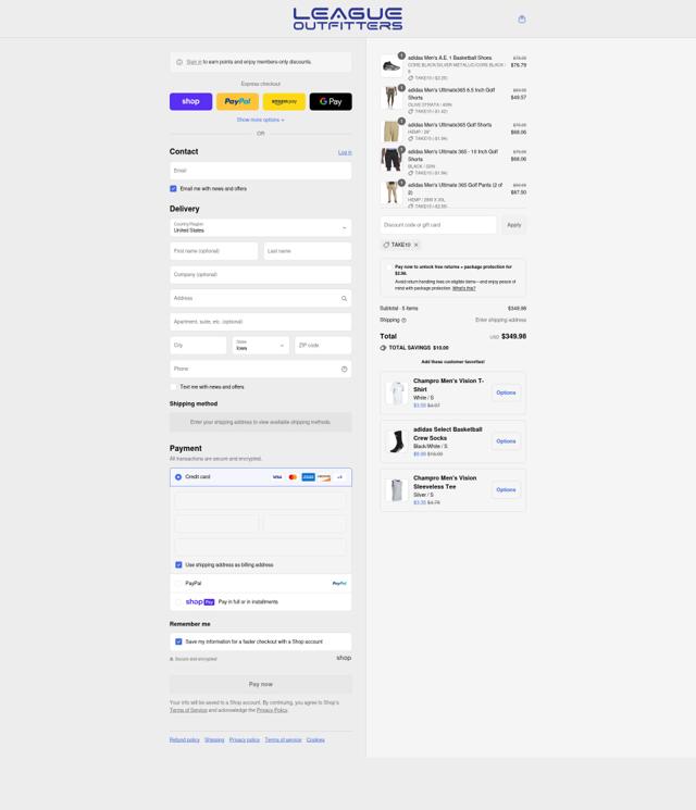 League Outfitters checkout page showing League Outfitters discount code box | Screenshot taken by SimplyCodes community member on Aug 13, 2025