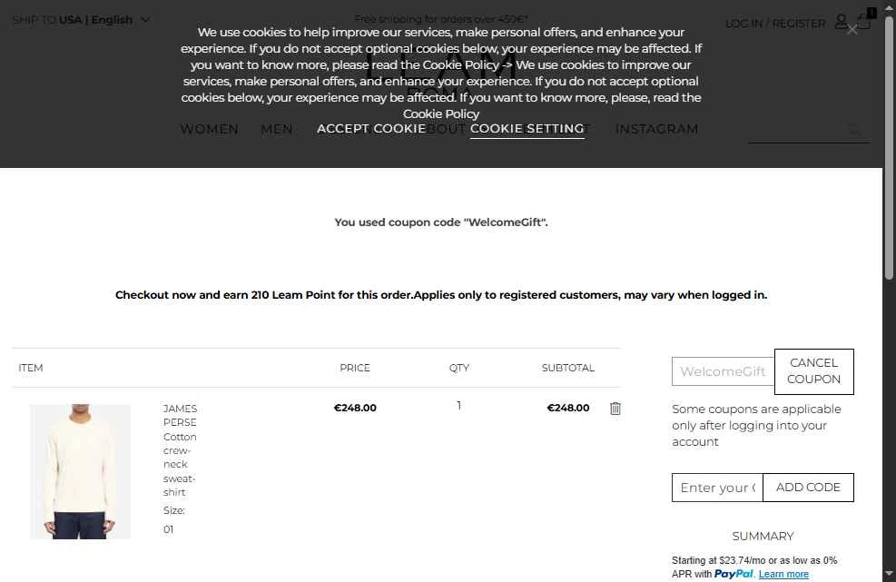 Leam checkout page showing Leam promo code box | Screenshot taken by SimplyCodes community member on Feb 22, 2026