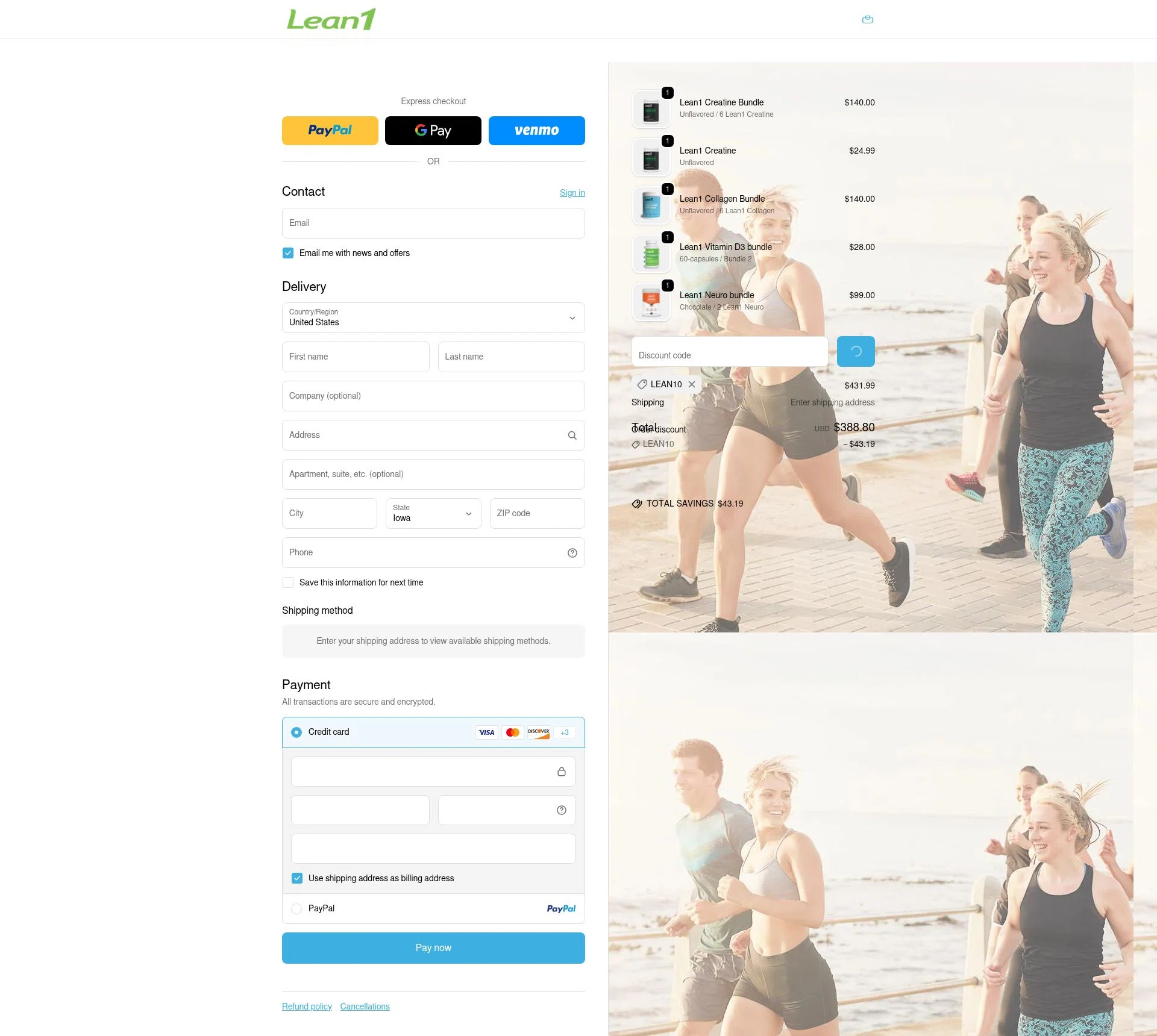 Lean1 checkout page showing Lean1 discount code box | Screenshot taken by SimplyCodes community member on Dec 29, 2025