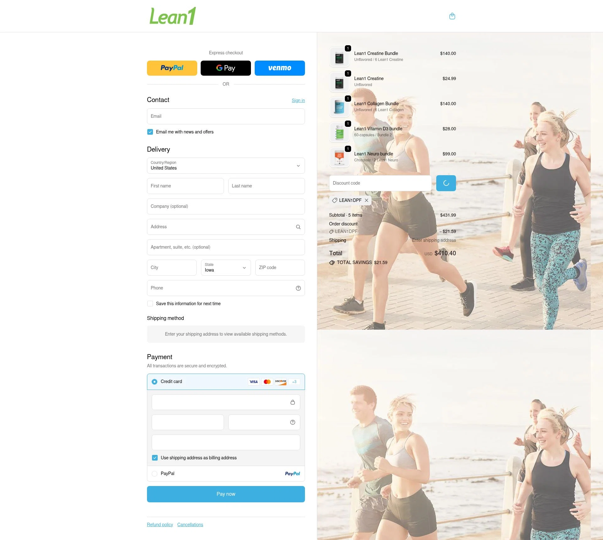 Lean1 checkout page showing Lean1 discount code box | Screenshot taken by SimplyCodes community member on Dec 29, 2025