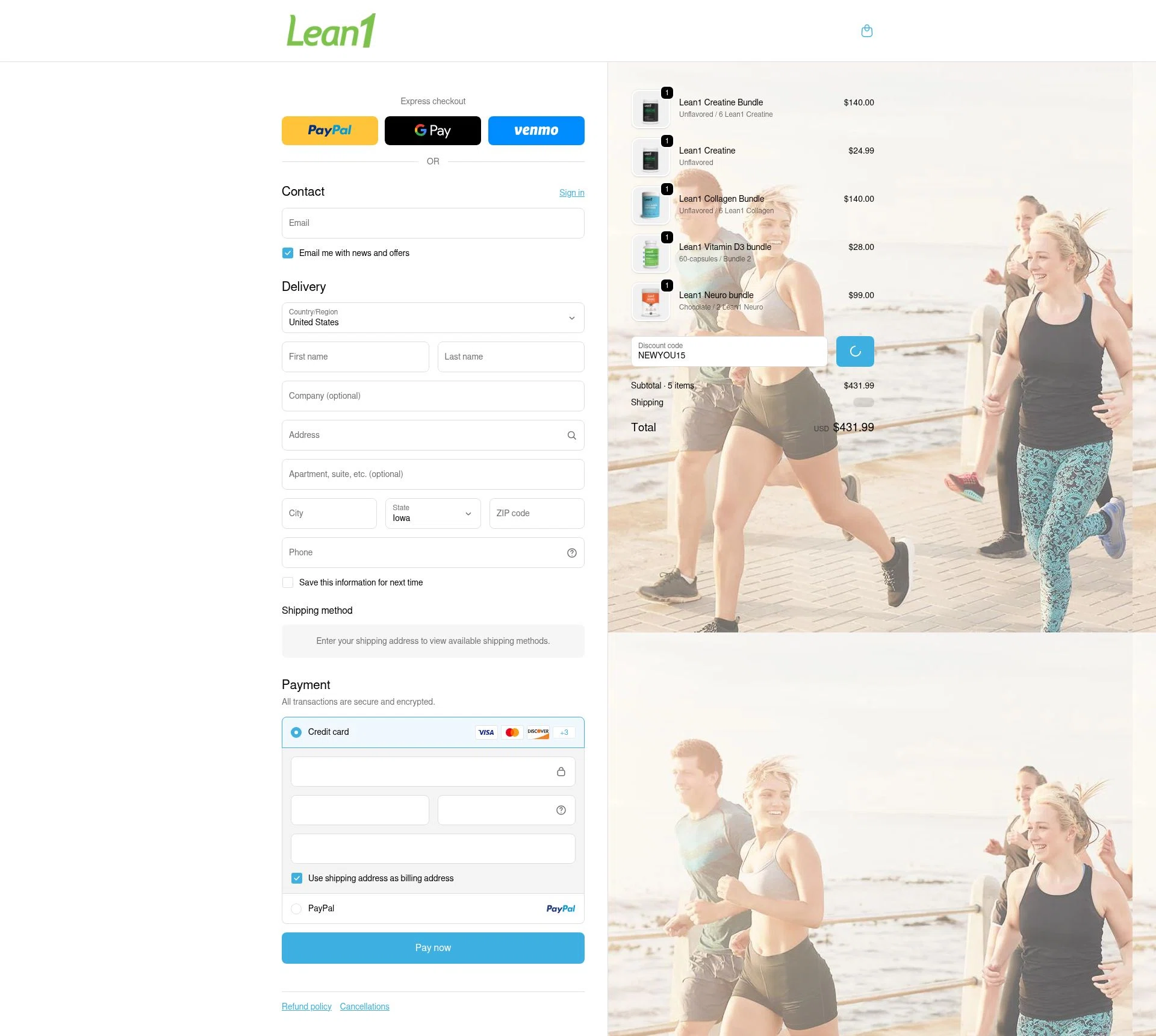 Lean1 checkout page showing Lean1 discount code box | Screenshot taken by SimplyCodes community member on Jan 3, 2026