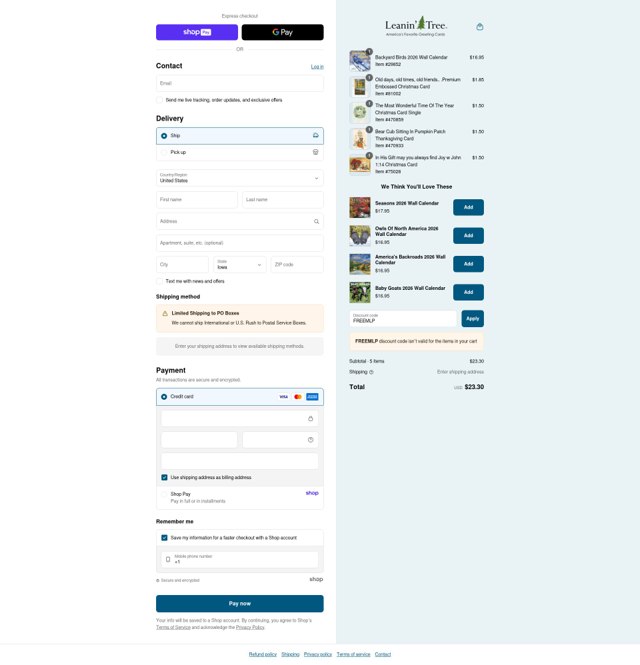 Leanin' Tree checkout page showing Leanin' Tree promo code box | Screenshot taken by SimplyCodes community member on Aug 23, 2025
