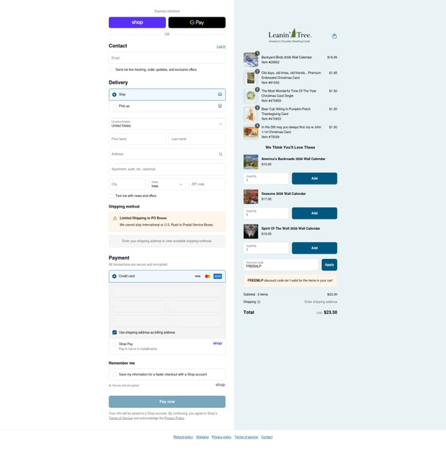 Leanin' Tree checkout page showing Leanin' Tree promo code box | Screenshot taken by SimplyCodes community member on Aug 31, 2025