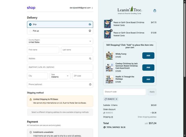Leanin' Tree checkout page showing Leanin' Tree promo code box | Screenshot taken by SimplyCodes community member on Sep 5, 2025