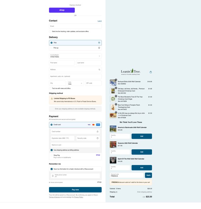Leanin' Tree checkout page showing Leanin' Tree promo code box | Screenshot taken by SimplyCodes community member on Sep 4, 2025