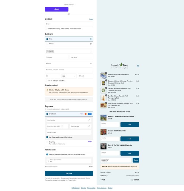 Leanin' Tree checkout page showing Leanin' Tree promo code box | Screenshot taken by SimplyCodes community member on Sep 4, 2025