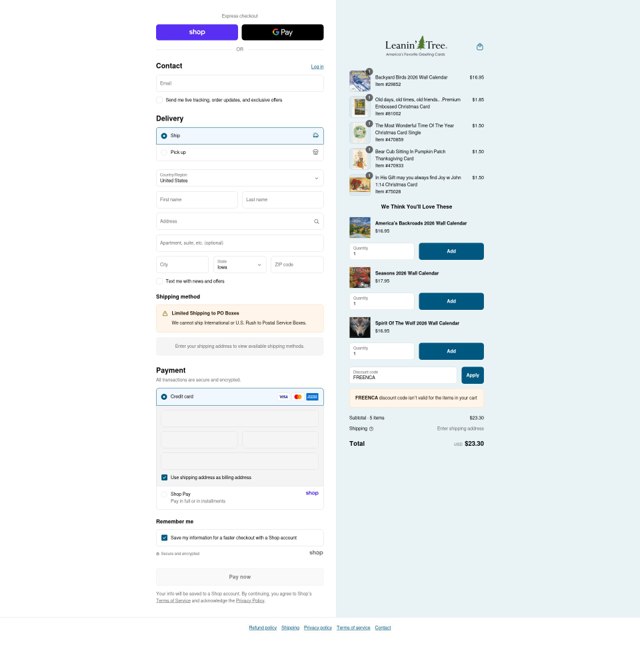 Leanin' Tree checkout page showing Leanin' Tree promo code box | Screenshot taken by SimplyCodes community member on Aug 31, 2025