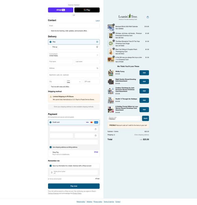 Leanin' Tree checkout page showing Leanin' Tree promo code box | Screenshot taken by SimplyCodes community member on Aug 27, 2025