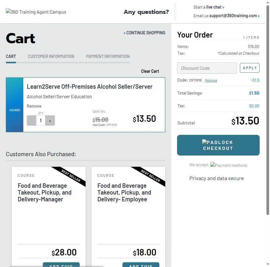 Learn2Serve checkout page showing Learn2Serve discount code box | Screenshot taken by SimplyCodes community member on May 28, 2025