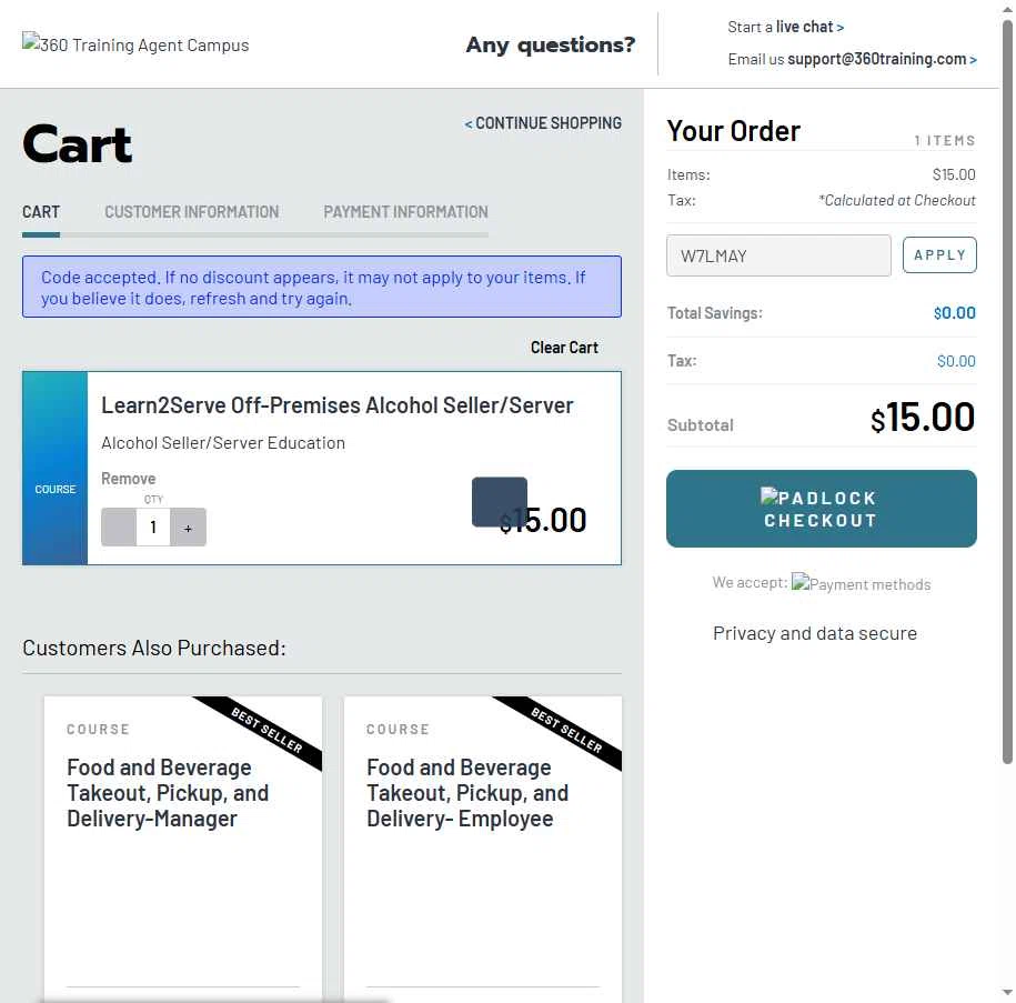 Learn2Serve checkout page showing Learn2Serve discount code box | Screenshot taken by SimplyCodes community member on May 28, 2025