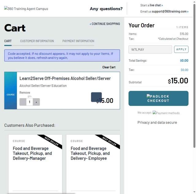 Learn2Serve checkout page showing Learn2Serve discount code box | Screenshot taken by SimplyCodes community member on May 28, 2025