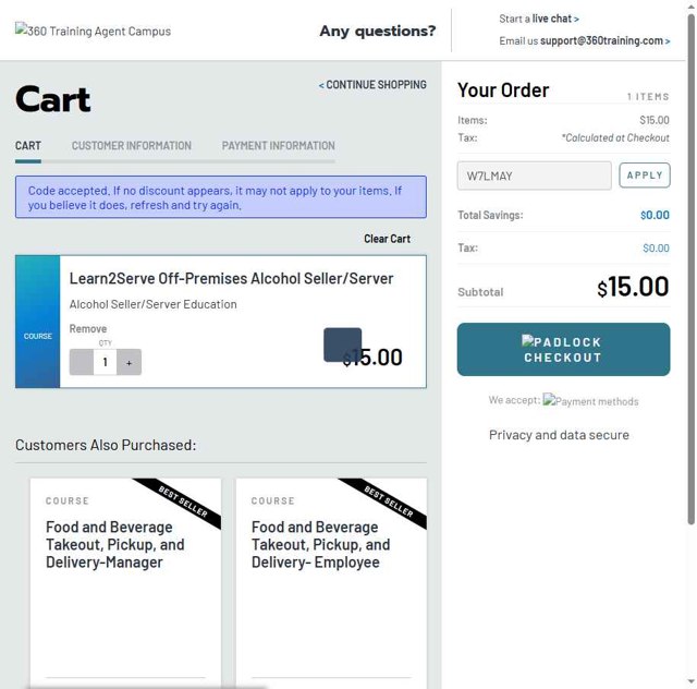 Learn2Serve checkout page showing Learn2Serve discount code box | Screenshot taken by SimplyCodes community member on May 28, 2025