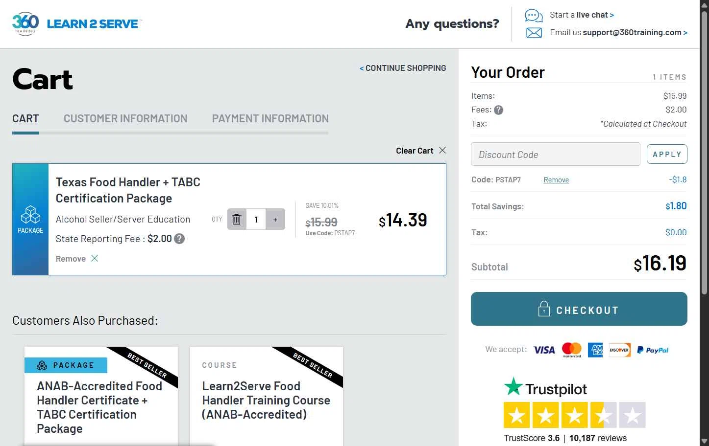 Learn2Serve checkout page showing Learn2Serve discount code box | Screenshot taken by SimplyCodes community member on May 14, 2025